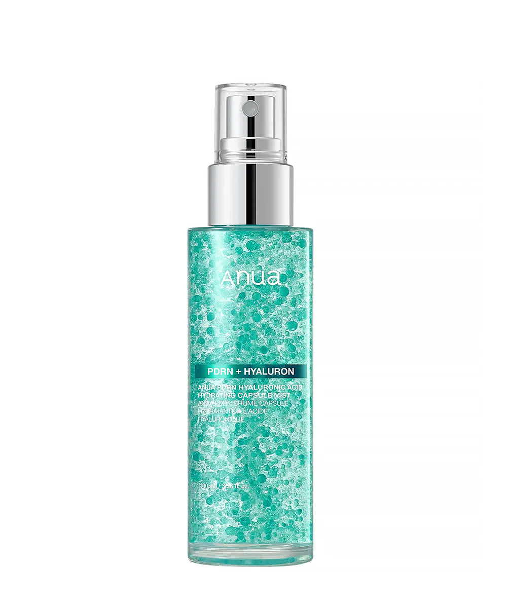 Anua PDRN Hyaluron Hydrating Capsule Mist 100ml, clear bottle with silver spray top filled with teal capsule mist