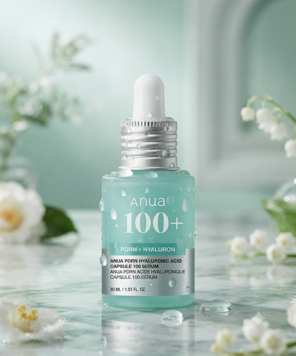 Anua PDRN Capsule 100 Serum styled with white flowers and water droplets on a mint-green background