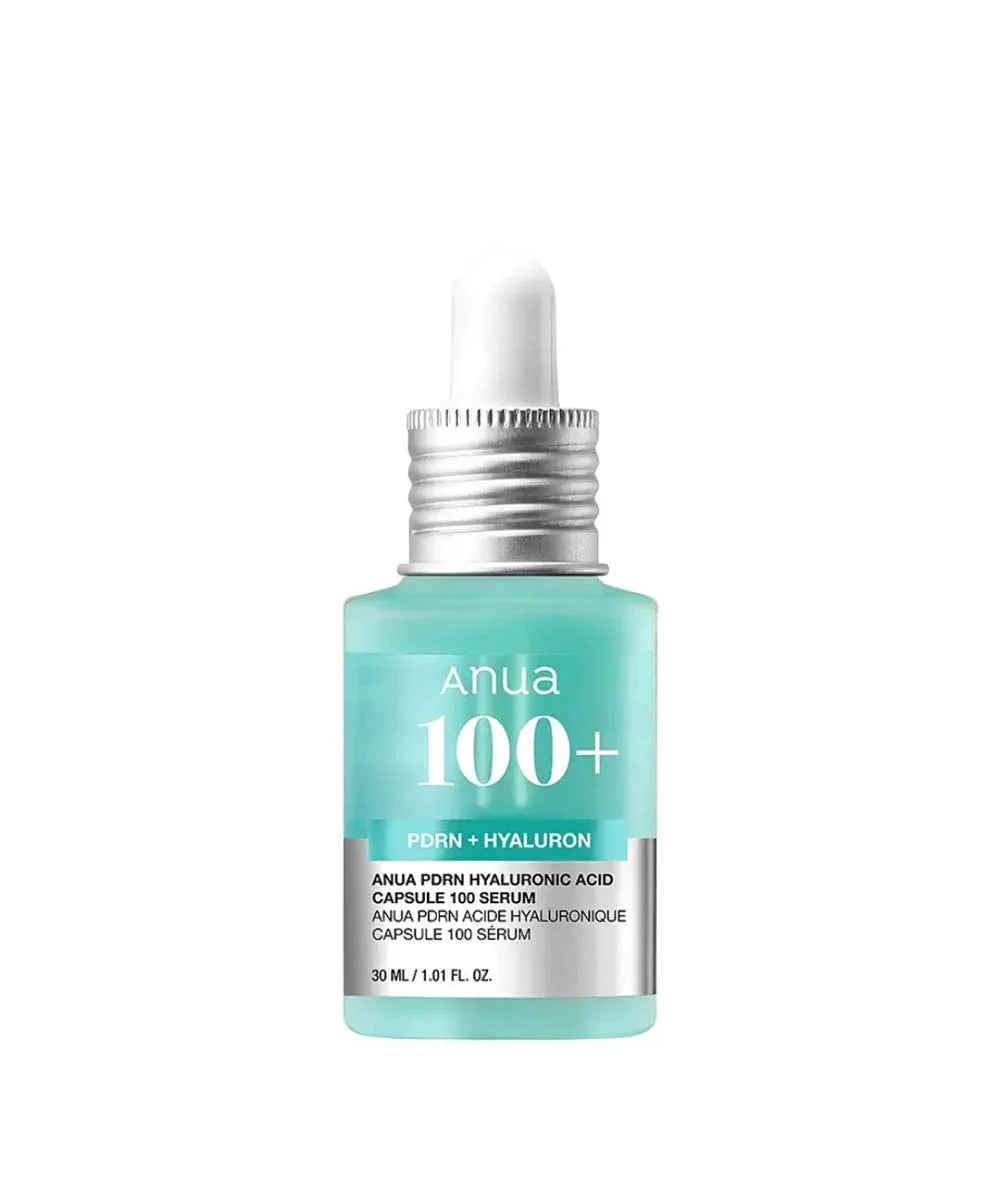 Anua PDRN Hyaluronic Acid Capsule 100 Serum 30ml, teal glass dropper bottle labelled Anua 100+ PDRN Hyaluron