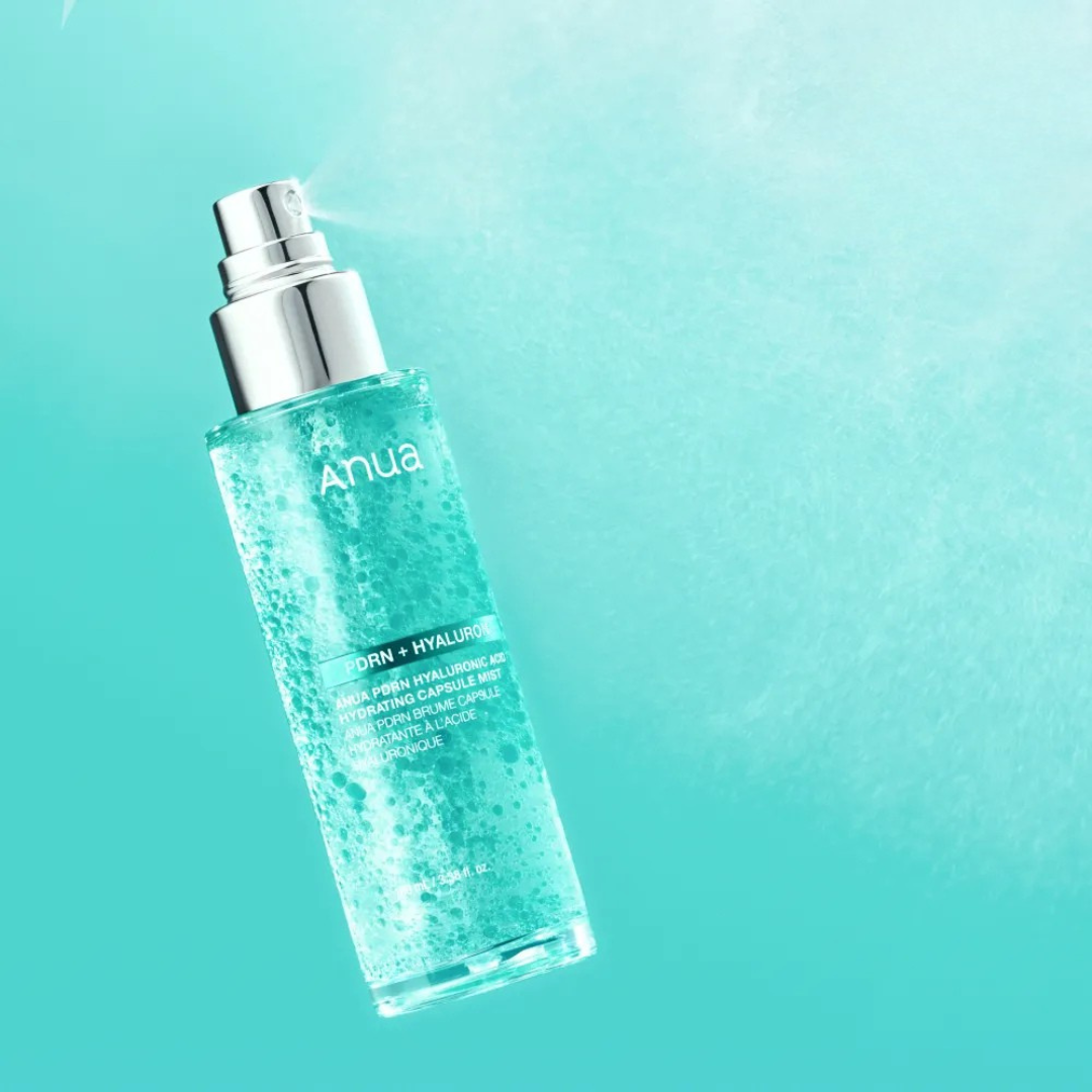 Anua PDRN Hydrating Capsule Mist showing suspended capsules in the formula, front label detail